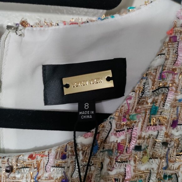 Alexia Admor Textured Multicolor Metallic  Tweed Fringe Hem Sheath Dress Size 8 - Picture 3 of 11